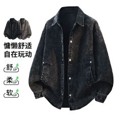 批发2026秋季新款美式复古翻领做旧牛仔<b class='q'>衬衫</b>男士宽松高级感夹克外套男