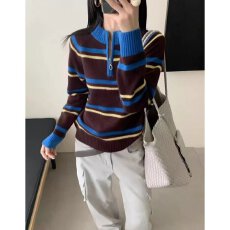 批发档口上新 2026年秋冬新款女半拉链半高领<b class='q'>条纹</b><b class='q'>针织衫</b>毛衣长袖上衣