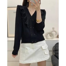 批发档口上新 2026年秋季新款女装V领<b class='q'>荷叶边</b>针织开衫修身长袖<b class='q'>毛衣</b>上衣