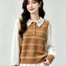 批发档口上新 2026年秋季新款女装蕾丝翻领<b class='q'>针织衫</b><b class='q'>条纹</b>提花套头毛衣