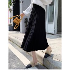 批发档口上新 2026年春秋季新款女装高腰A字中长款针织百褶半身裙