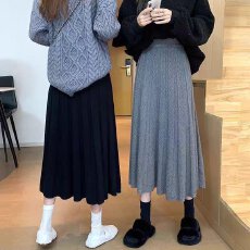 批发档口上新 2026年秋冬新款女士高腰A字百褶半身裙中长款针织垂感