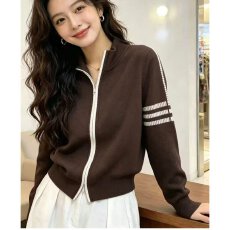 批发档口上新 秋冬新款女装立领拉链撞色条纹<b class='q'>修身</b>针织开衫毛衣<b class='q'>外套</b>