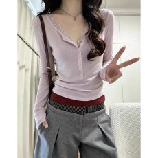 批发<b class='q'>夏</b>季新款女装V领蕾丝拼接修身短款针织衫长袖套头百搭上衣