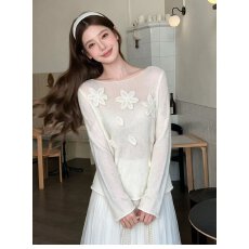 批发<b class='q'>夏</b>季新款女装宽松落肩一字领立体花朵针织衫薄款套头长袖上衣
