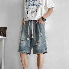 批发美式高街破洞牛仔短裤男<b class='q'>夏</b>季宽松直筒水洗做旧潮流百搭休闲五分裤