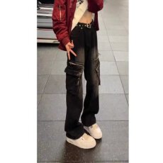 批发黑色弯刀牛仔裤男款美式高街多口袋工装裤子显瘦直筒不贴身微喇裤
