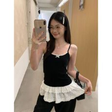 批发260克人棉蝴蝶结蕾丝花边下摆吊带背心女夏修身遮肚叠穿内搭上衣