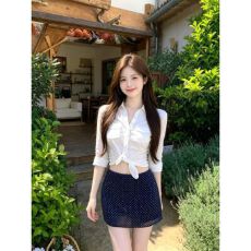 批发纯棉竹节韩系翻领收腰五分袖<b class='q'>衬衫</b><b class='q'>波点</b>撞色A字半身裙夏季两件套女