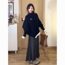 批发两件/套装韩系复古小个子高领<b class='q'>不规则</b>斗篷针织毛衣女+鱼尾半身长裙