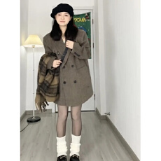 批发原版面料真口袋 美拉德秋冬新款高级毛呢小个子西装外套中长大款