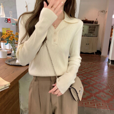 批发针织衫女秋季2026新款polo领纽扣打底<b class='q'>长袖</b>内搭短款毛衣漂亮上衣