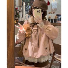 批发【套装】复古蝴蝶结毛领秋冬季宽松棉服韩系冬季小个子加厚