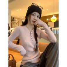 批发长袖v领针织衫上衣女装秋季百搭<b class='q'>休闲</b>修身显瘦内搭套头毛衣打底衫