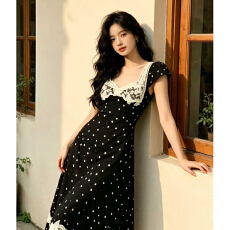 批发夏季小众设计感爱心印花蕾丝印花拼接<b class='q'>连衣裙</b>女2026新款掐腰长裙子