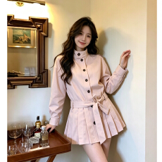 批发早秋立领<b class='q'>连衣裙</b>女长袖单排扣系带收腰百褶短裙韩系宽松显瘦小个子