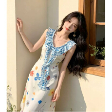 批发韩版时尚高级感印花<b class='q'>连衣裙</b>女2026年春季甜美多巴胺海边度假长裙子