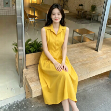 批发黄色无袖衬衫领<b class='q'>连衣裙</b>女夏季气质收腰大摆中长裙简约显瘦小个子