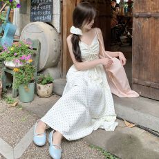 批发波点吊带裙内搭<b class='q'>连衣裙</b>女2026夏季新款收腰显瘦绑带抽褶印花长裙子