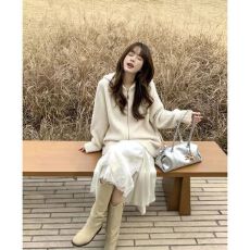 批发杏色慵懒风连帽加厚毛衣外套女装秋冬外搭双拉链针织开衫毛绒上衣