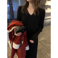 小香风v领修身针织连衣裙女秋冬新款内搭配大衣裙子小个子毛衣裙