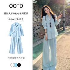批发高端老钱风时尚套装女洋气2026<b class='q'>夏</b>秋新品休闲亚麻衬衫阔腿裤两件套