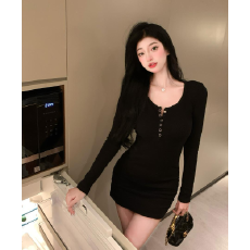 批发连衣裙女装紧身收腰包臀打底<b class='q'>短裙</b>2026秋季新款小个子蓝色长袖裙子