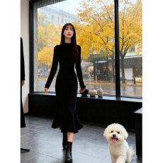批发气质修身<b class='q'>连衣裙</b>女秋冬长款收腰显瘦开叉包臀裙纯欲辣妹打底小黑裙
