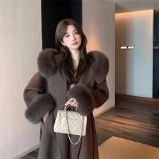 批发<b class='q'>韩版</b>毛毛领千金风高级轻奢气质大衣秋冬新款连帽宽松百搭外套