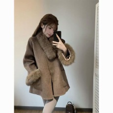 批发韩系富家名媛千金风咖色外套秋冬新款宽松夹棉保暖呢子大衣女百搭