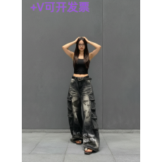 批发复古做旧渐变多口袋牛仔裤 2026年新款