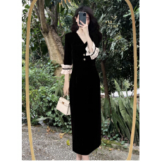 批发法式赫本风黑色丝绒连衣<b class='q'>裙</b>高级感收腰小黑<b class='q'>裙</b>高端轻奢小众礼服<b class='q'>裙</b>女