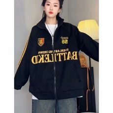 批发美式复古徽章拉链条纹开衫外套男女春秋季新款<b class='q'>运动</b>宽松情侣<b class='q'>夹克</b>