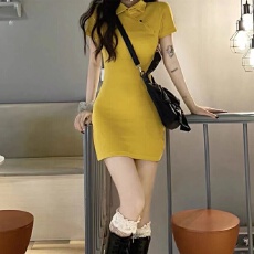 批发2025<b class='q'>夏季</b>新款斜扣翻领修身polo裙子修身弹力显瘦腰精连衣裙