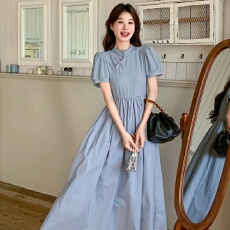 批发蓝色新中式连衣裙夏季女2026新款<b class='q'>旗袍</b>改良轻熟洋气显瘦长款A字裙