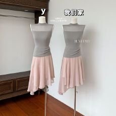 批发半高领针织<b class='q'>背心</b>上衣夏季时尚套装高腰<b class='q'>雪纺</b>半身裙两件套