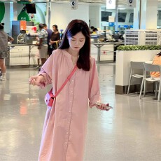 批发春秋季新款粉色<b class='q'>衬衫</b><b class='q'>连衣裙</b>子女法式气质宽松显瘦海边度假风长裙子