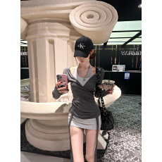 批发【原版】早初秋灰色挂脖吊带<b class='q'>连衣裙</b>女辣妹包臀短裙套装韩系穿搭