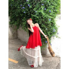 批发kumikumi纯欲风辣妹气质宽松挂脖无袖吊带女夏季<b class='q'>网纱</b>a字裙两件套