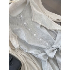 批发双层+内里 韩系温柔风单排扣条纹<b class='q'>连衣裙</b>女早秋气质系带背心短裙