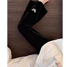 批发【金丝绒贝贝绒】黑色丝绒蝴蝶刺绣裤子女垂坠感高腰微喇加绒裤