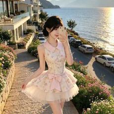 批发甜美温柔风无袖碎花<b class='q'>连衣裙</b>女夏季收腰显瘦<b class='q'>粉色</b>蝴蝶结公主蓬蓬裙