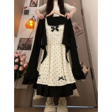 批发日系甜美少女千金风蝴蝶结波点连衣裙女学生秋季新款开衫两件套潮