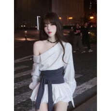 批发2026秋季新款研系清纯法式斜肩衬衣封腰绑带收腰搭配花苞短裙<b class='q'>套装</b>