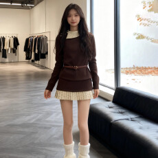 批发千金穿搭咖色上衣秋冬女独特漂亮内搭打底衫巨好看韩系两件<b class='q'>套装</b>裙