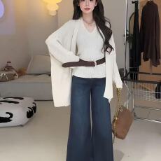 批发【配腰带】新款韩版时尚毛衣挂脖背心+毛衣开衫