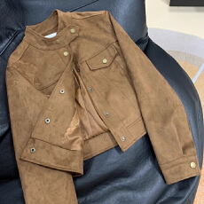 美拉德咖色鹿皮绒皮衣外套女春秋设计感小众小个子短款机车服上衣