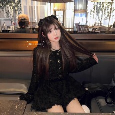 批发富家千金小香风套装女秋冬高级感气质名媛短外套蓬蓬连衣裙两件套