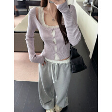批发韩系假两件紫色针织打底衫女早秋chic甜辣妹蕾丝花边内搭<b class='q'>短款</b>上衣