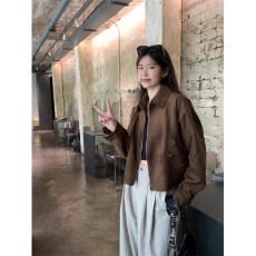 批发甜酷咖色麂皮绒外套女春秋新款复古小众短款美拉德上衣夹克小个子